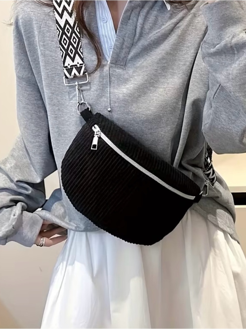 Black Corduroy Crossbody Bag with Patterned Strap - Picture 2 of 4
